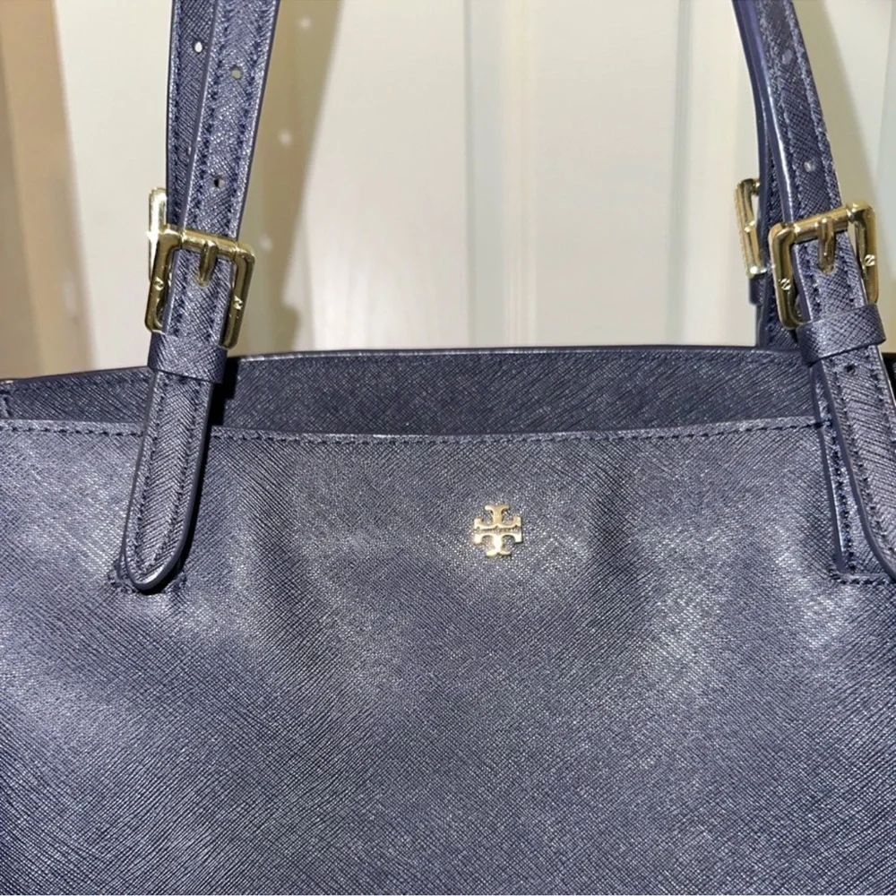 Tory Burch Emerson Dark Blue Tote with center zip pocket